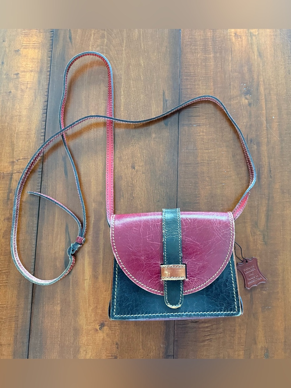 Vintage Leather Argentina Crossbody Bag in Burgundy and Black